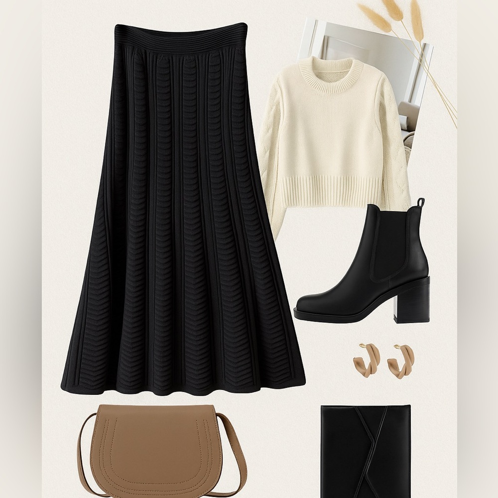 Elegant Black knit Pleated Skirt